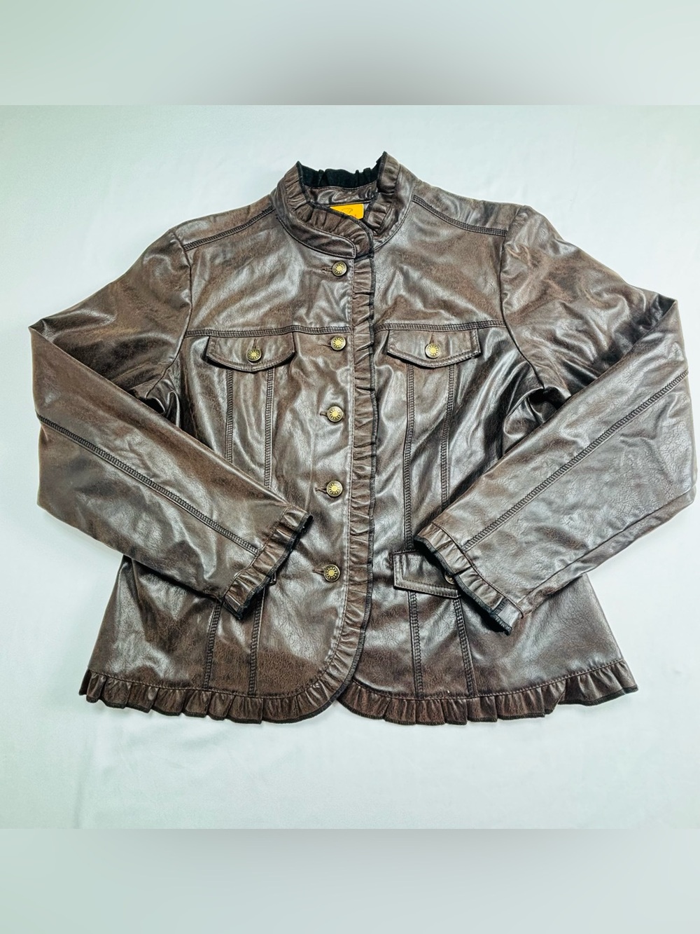 Women’s Brown Faux Leather Ruffle Trim Jacket
